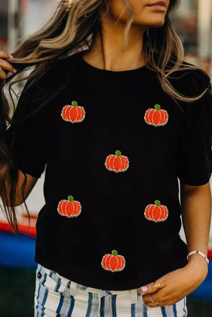 Black Chenille Pumpkin Patched Casual Cotton Blend T Shirt Shewin