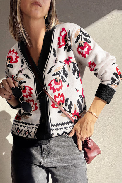 Black Floral Print Button Front V Neck Contrast Trim Cardigan