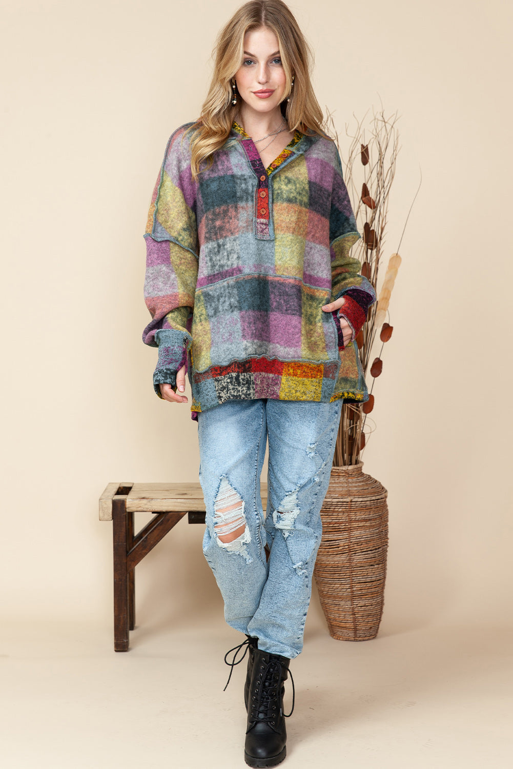 Multicolor Brushed Check Kangaroo Pocket Thumbholes Henley Hoodie Shewin