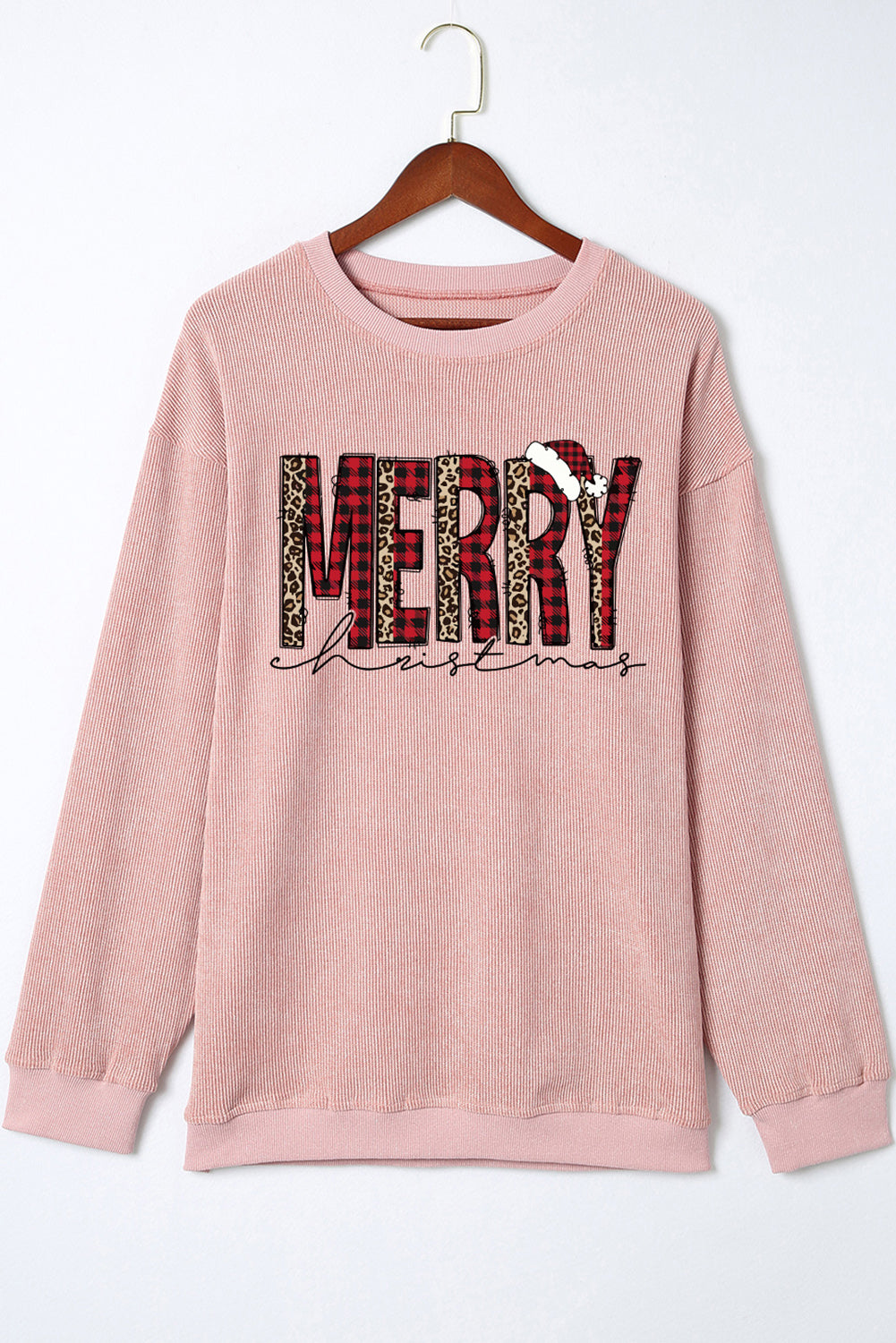 Pink MERRY Christmas Plaid Leopard Heat Transfer Printing Corded Sweatshirt