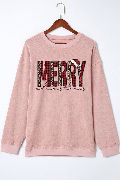 Pink MERRY Christmas Plaid Leopard Heat Transfer Printing Corded Sweatshirt