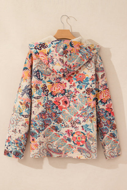 Beige Vintage Paisley Floral Printed Sherpa Lined Hooded Jacket Shewin