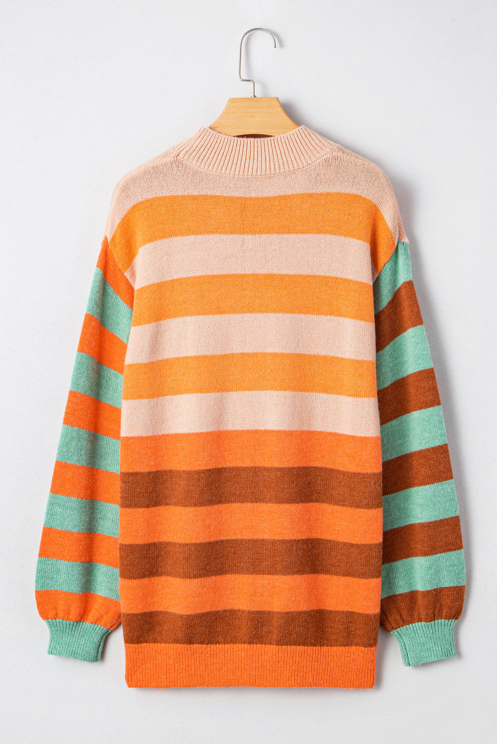 Orange Striped Colorblock High Neck Drop Shoulder Cozy Sweater Shewin