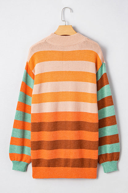 Orange Striped Colorblock High Neck Drop Shoulder Cozy Sweater Shewin