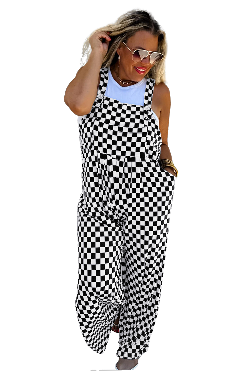 Black Checkered Print Pocketed Wide Leg Overall Shewin