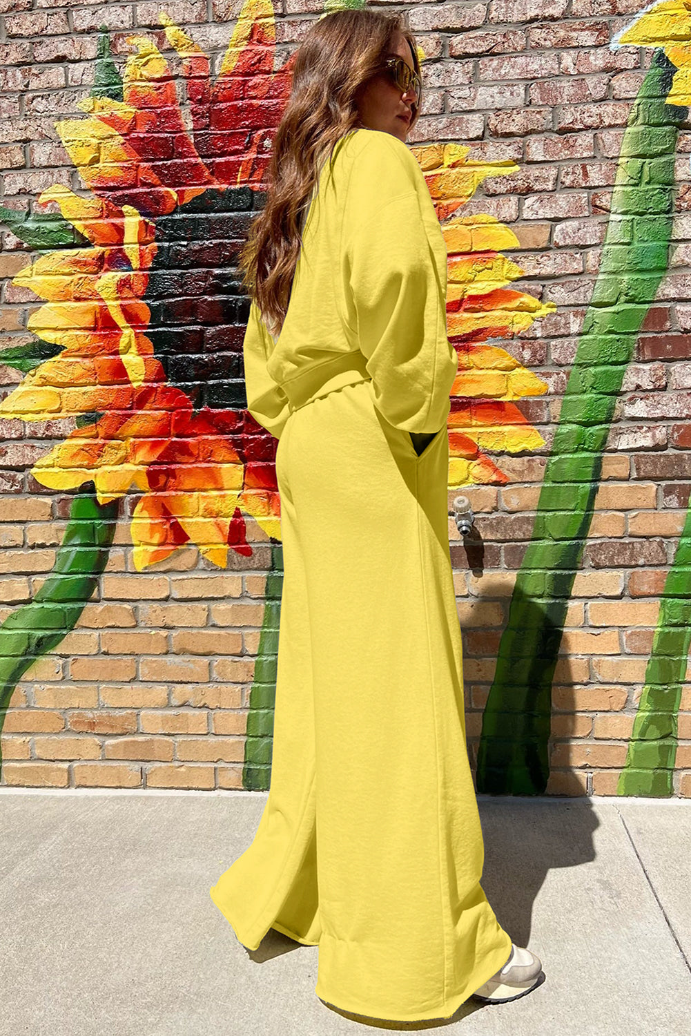Flamingo Drop Shoulder Crop Pullover Drawstring Wide Leg Pants Set Shewin