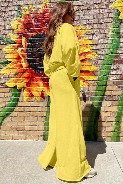 Flamingo Drop Shoulder Crop Pullover Drawstring Wide Leg Pants Set Shewin