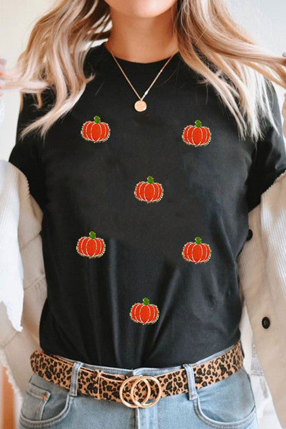 Black Chenille Pumpkin Patched Casual Cotton Blend T Shirt Shewin