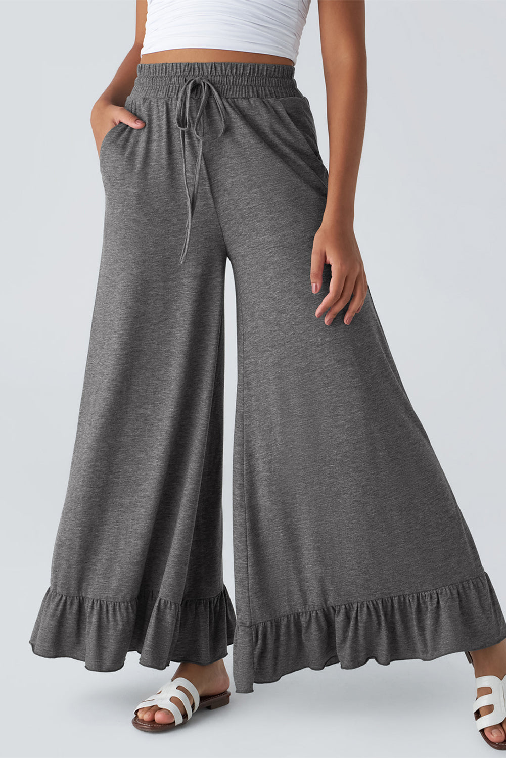 Dune Solid Color Ruffle Hem Wide Leg Pants Shewin