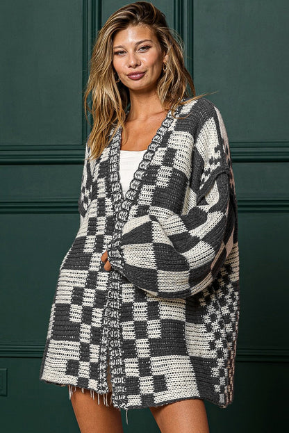 Dark Brown Colorblock Checked Loose Fit Open Front Knitted Cardigan Shewin