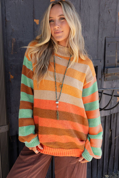 Orange Striped Colorblock High Neck Drop Shoulder Cozy Sweater Shewin