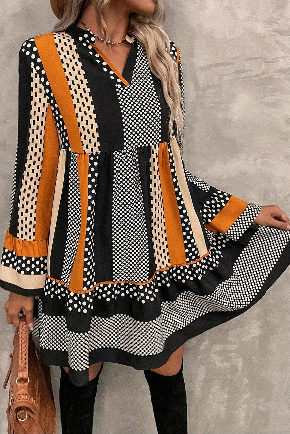 Black Striped Polka Dot Print Ruffle Hem V Neck Loose Mini Dress Shewin