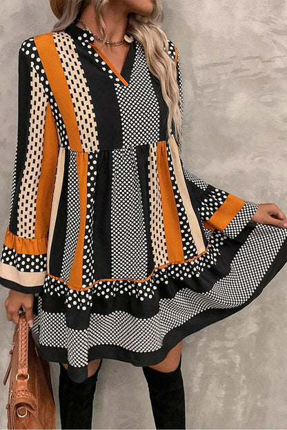 Black Striped Polka Dot Print Ruffle Hem V Neck Loose Mini Dress Shewin