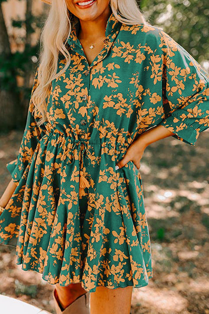 Green Floral Print Drawstring Flowy Short Dress Shewin