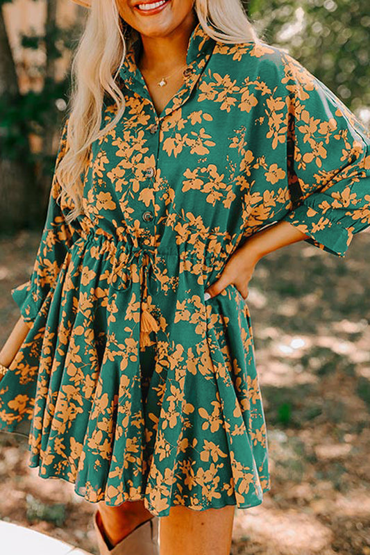 Green Floral Print Drawstring Flowy Short Dress Shewin
