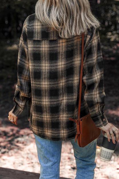 Multicolour Retro Plaid Double Flap Pocket Brushed Shacket Shewin