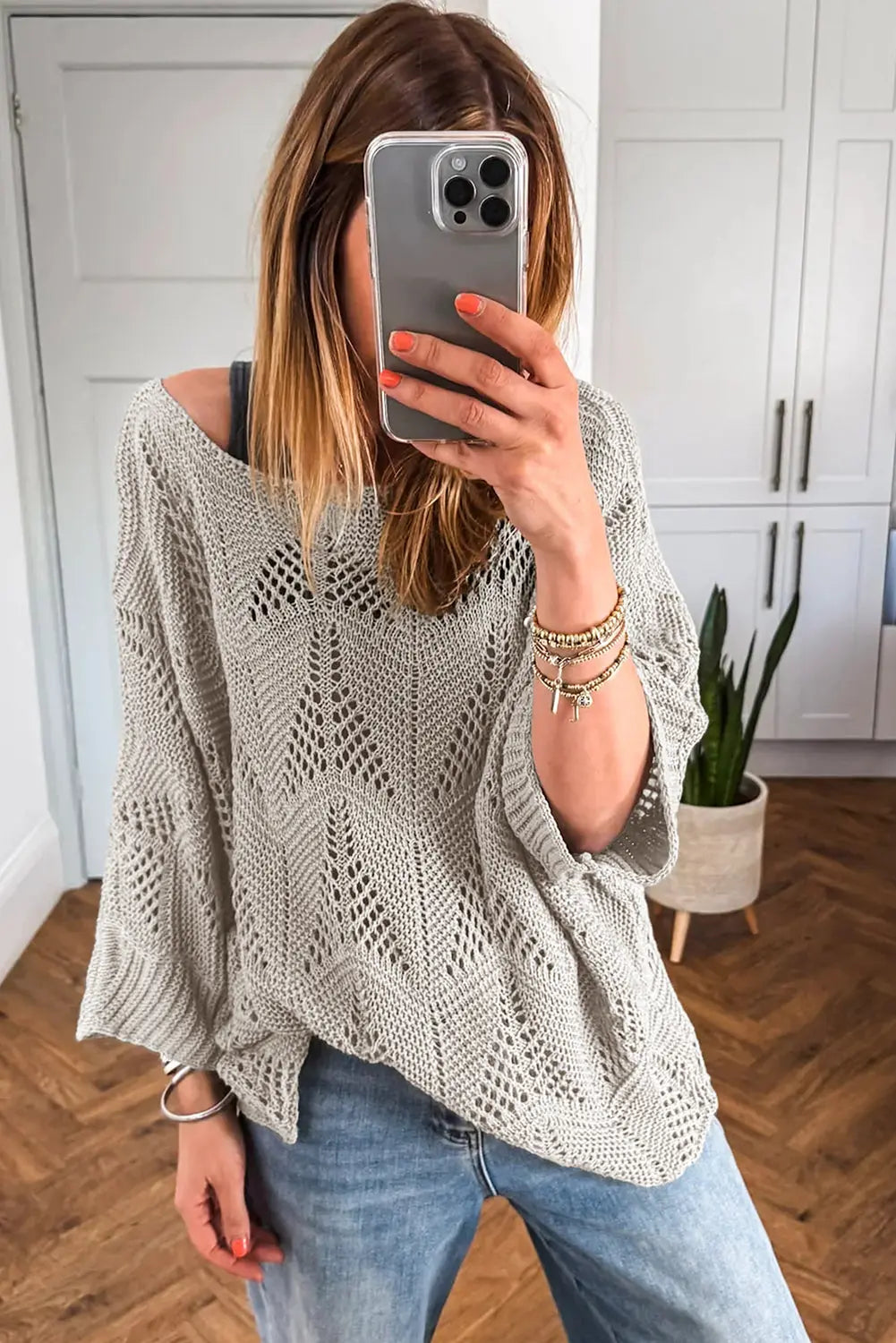 Navy Blue Hollow Out Knit 3/4 Sleeve Loose Sweater Shewin