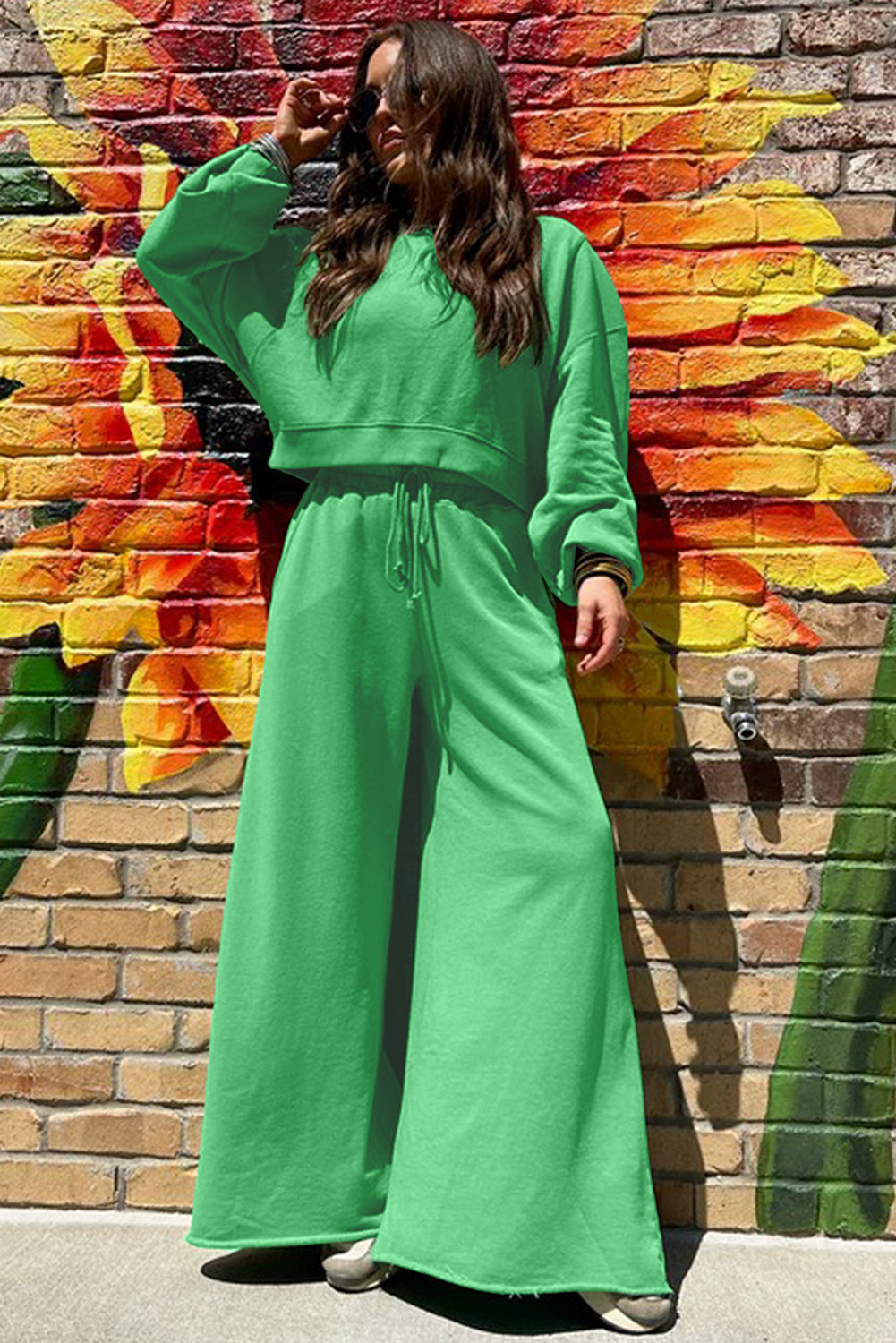 Flamingo Drop Shoulder Crop Pullover Drawstring Wide Leg Pants Set Shewin