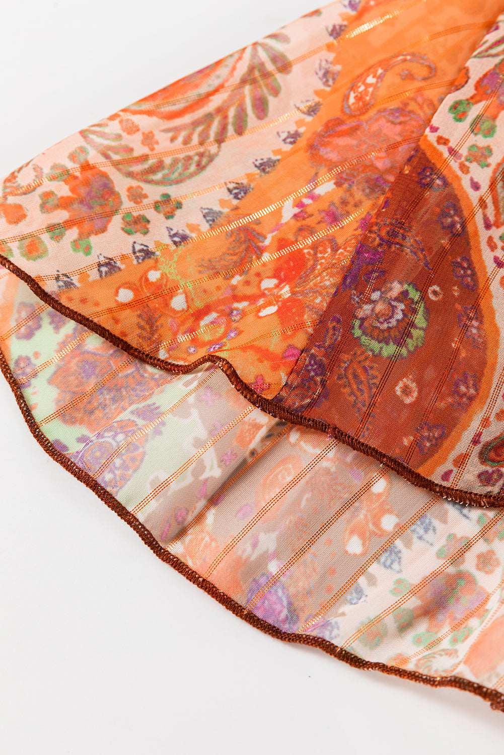 Orange Boho Paisley Print Long Sleeve Pleated Belted Mini Dress Shewin
