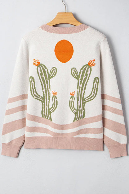 Apricot Cactus Pattern Button Front Knit Cardigan Shewin
