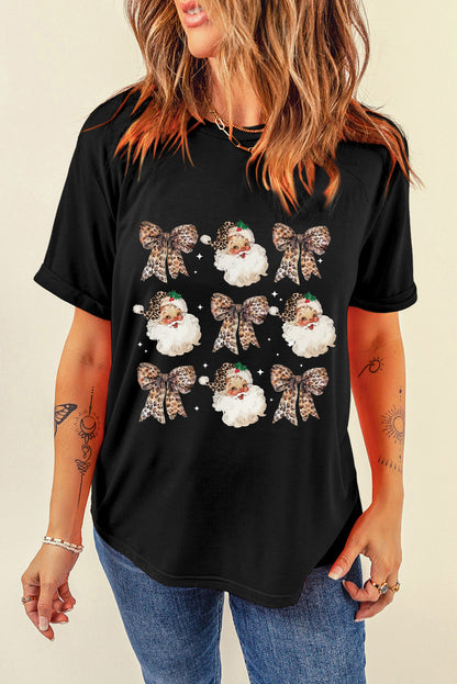 White Santa Claus Leopard Bow Heat Transfer Printing Crew Neck Graphic T Shirt