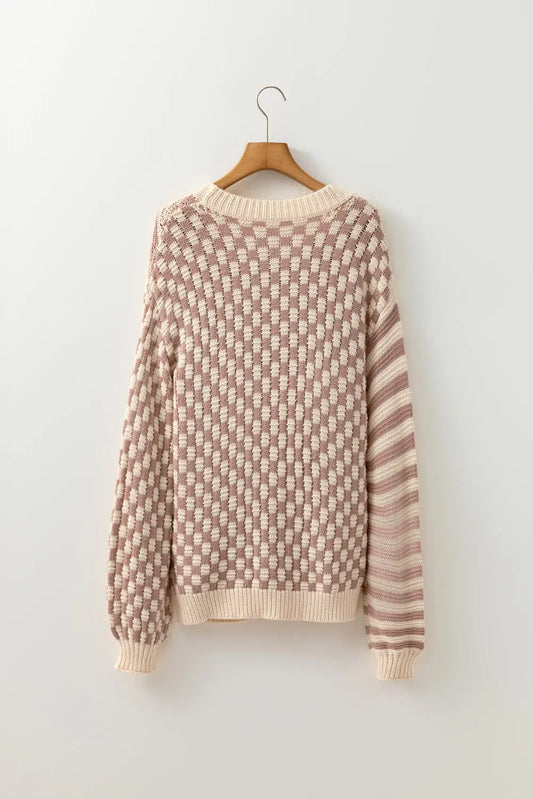 Khaki Stripe Checkerboard Drop Shoulder Balloon Sleeve Sweater Shewin