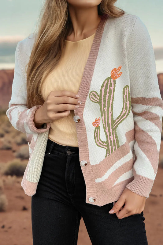 Apricot Cactus Pattern Button Front Knit Cardigan Shewin