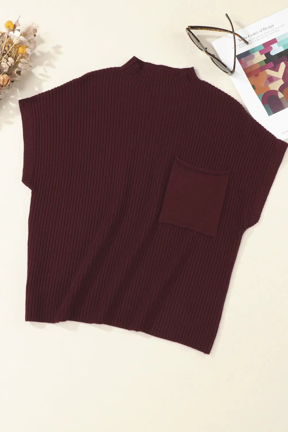Gold Flame Patch Pocket Ribbed Knit Short Sleeve Sweater Shewin