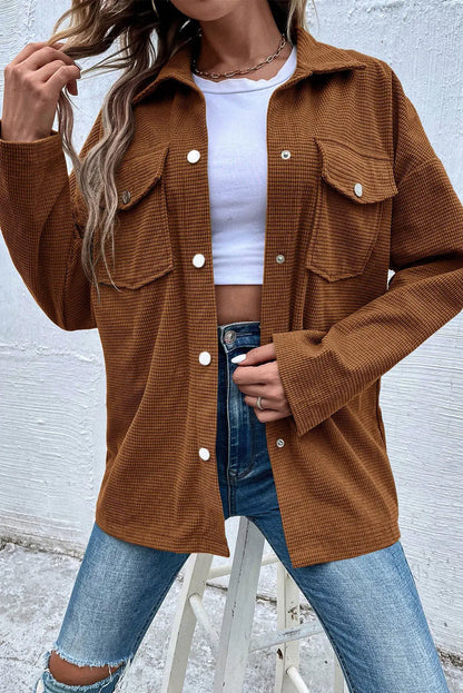 Brown Textured Flap Pocket Drop Shoulder Shacket Shewin