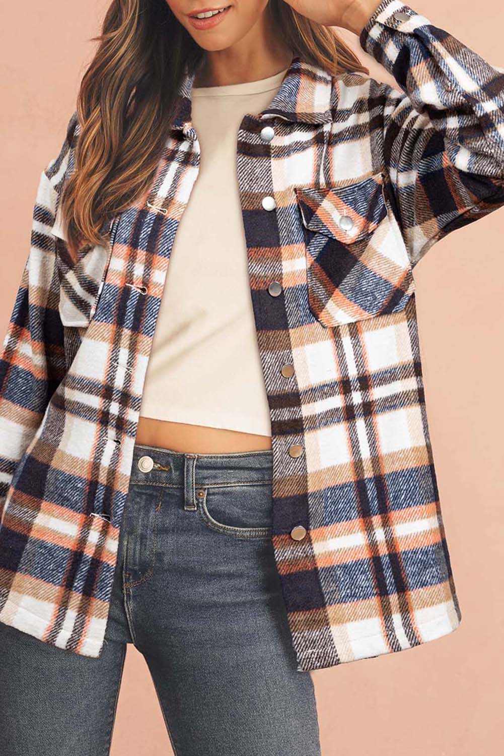 Brown Plaid Button Up Long Sleeve Flannel Shacket Shewin