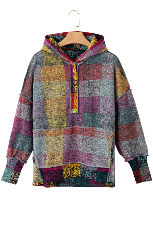 Multicolor Brushed Check Kangaroo Pocket Thumbholes Henley Hoodie Shewin