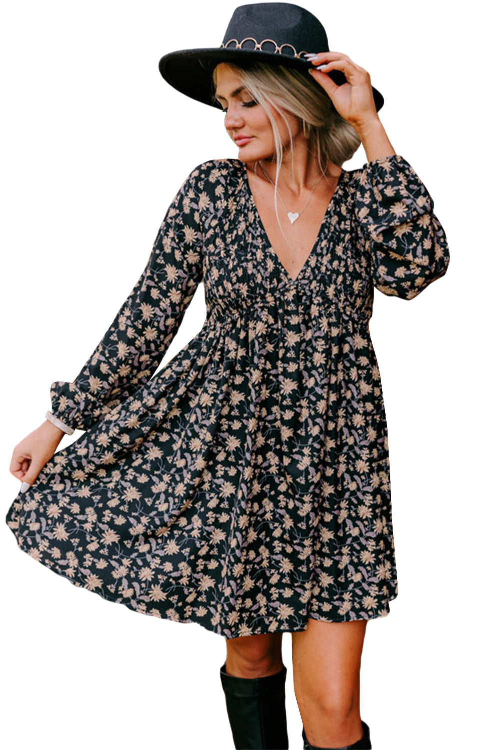 Beige Floral Smocked V Neck Bubble Sleeve Babydoll Dress Shewin