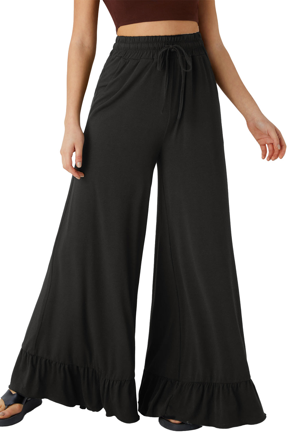 Dune Solid Color Ruffle Hem Wide Leg Pants Shewin