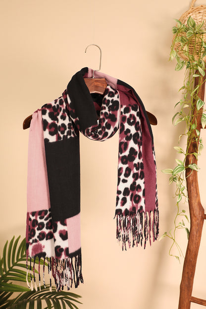 Rose Red Leopard Color Block Print Tassel Trim Terylene Scarf