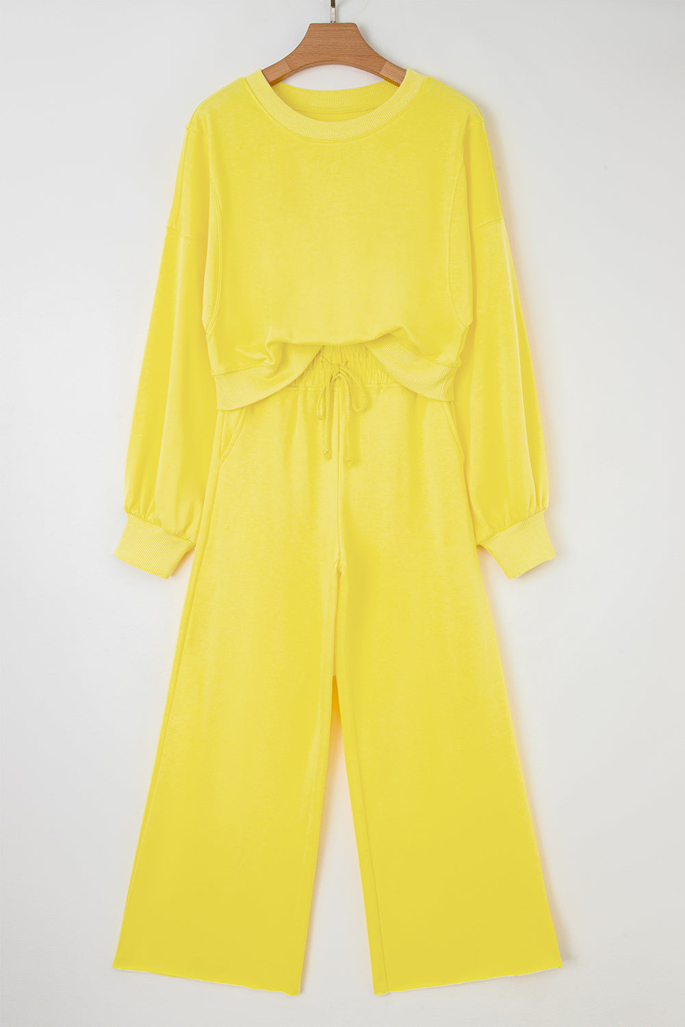Flamingo Drop Shoulder Crop Pullover Drawstring Wide Leg Pants Set Shewin