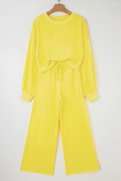 Flamingo Drop Shoulder Crop Pullover Drawstring Wide Leg Pants Set Shewin