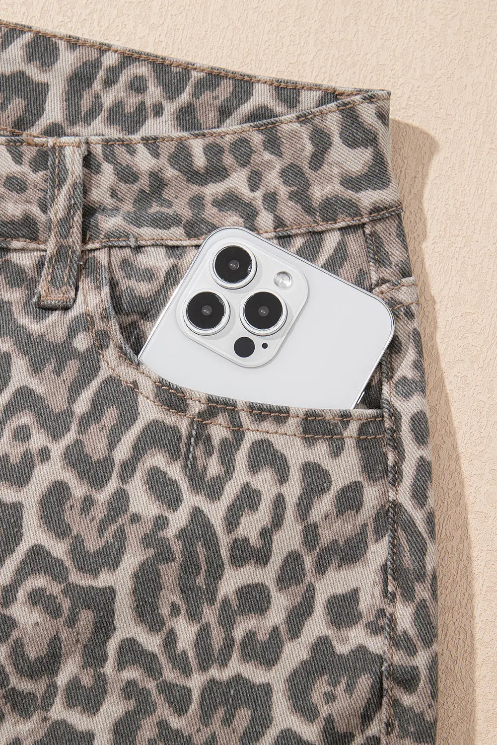 Brown Leopard High Waist Frayed Hem Jeans Shewin