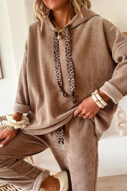 Dark Khaki Drawstring Pullover Hoodie and High Waist Pants Corduroy Suit