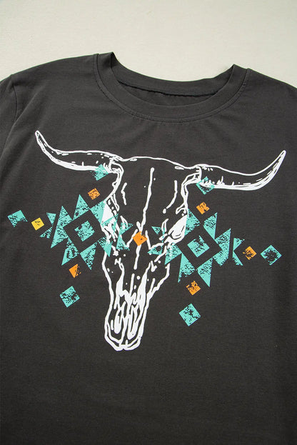 Carbon Grey Vintage Bull Head Skull Turquoise Geometric Graphic T Shirt Shewin