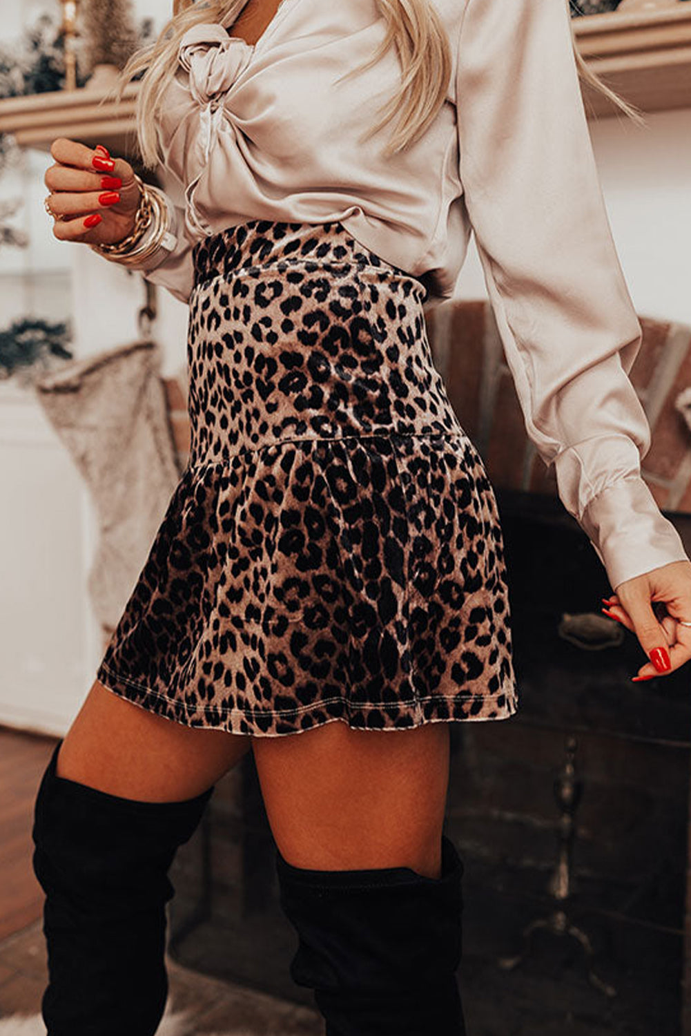 Brown Leopard Tiered Patchwork Hot Mini Skirt Shewin