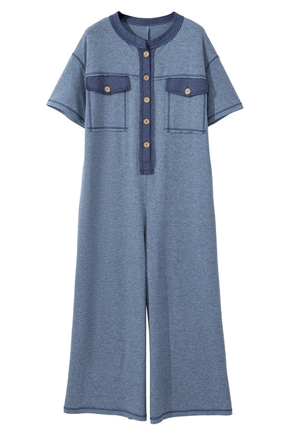 Beau Blue Patchwork Pocket Short Sleeve Jumpsuit Shewin