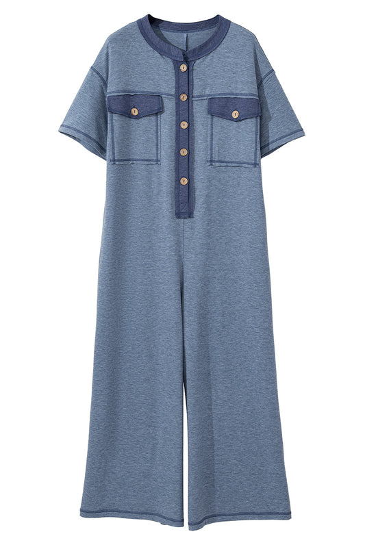 Beau Blue Patchwork Pocket Short Sleeve Jumpsuit Shewin