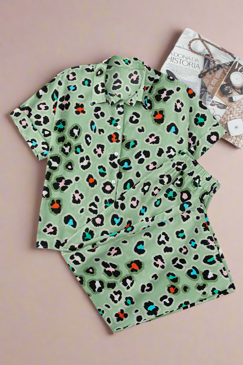 Green Leopard Print Short Sleeve Shirt and Wide Leg Pants Set Shewin