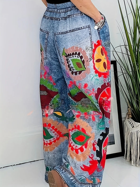 Vibrant Faux Denim Wide-Leg Pants - Bold Floral-like Graffiti Print DSers