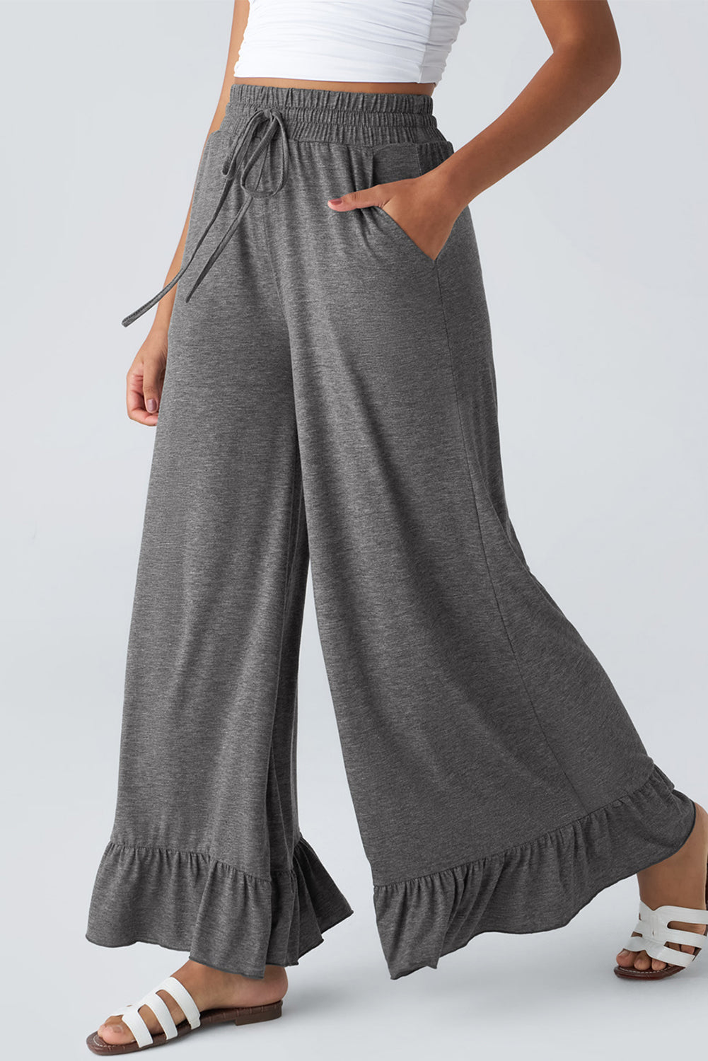 Dune Solid Color Ruffle Hem Wide Leg Pants Shewin