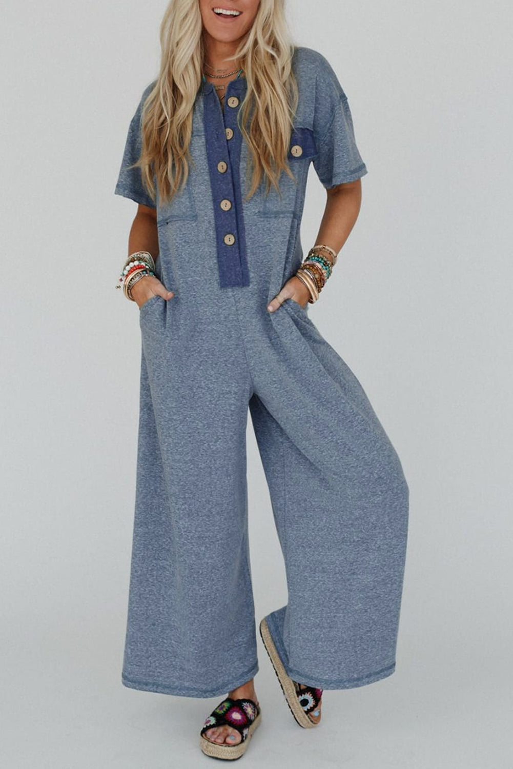 Beau Blue Patchwork Pocket Short Sleeve Jumpsuit Shewin