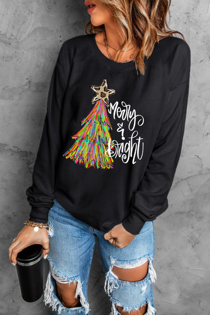 Black Merry Bright Christmas Tree Graphic Heat Transfer Printing Sweatshirt