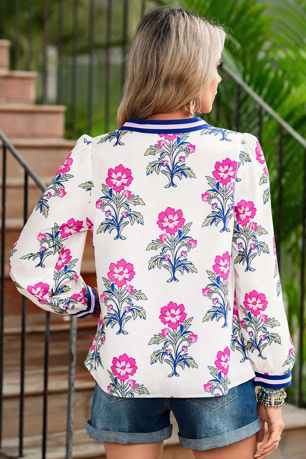 White Floral Print Pop of Color V-neck Long Sleeve Blouse Shewin