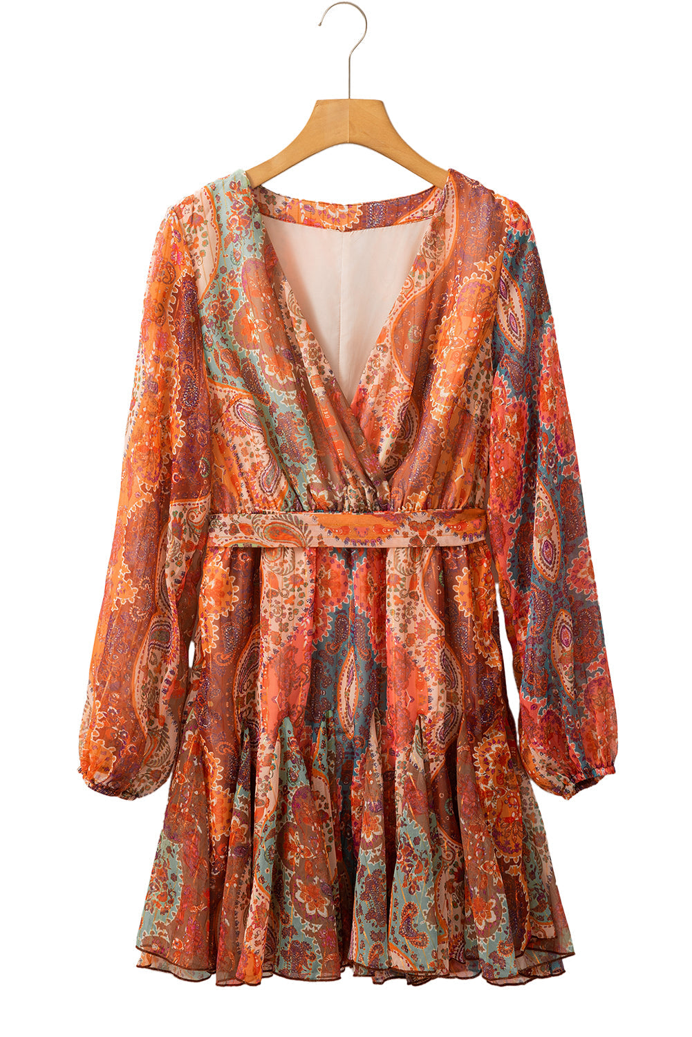 Orange Boho Paisley Print Long Sleeve Pleated Belted Mini Dress Shewin