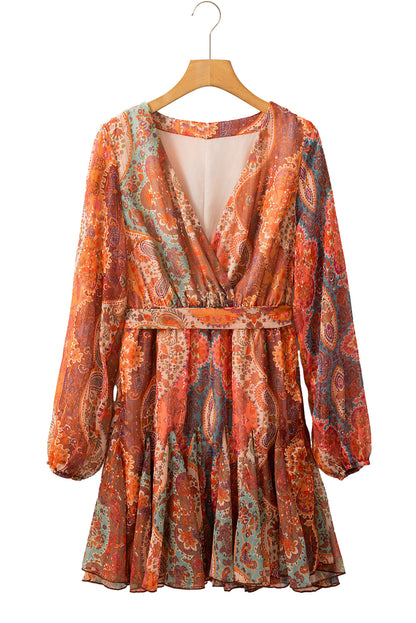 Orange Boho Paisley Print Long Sleeve Pleated Belted Mini Dress Shewin